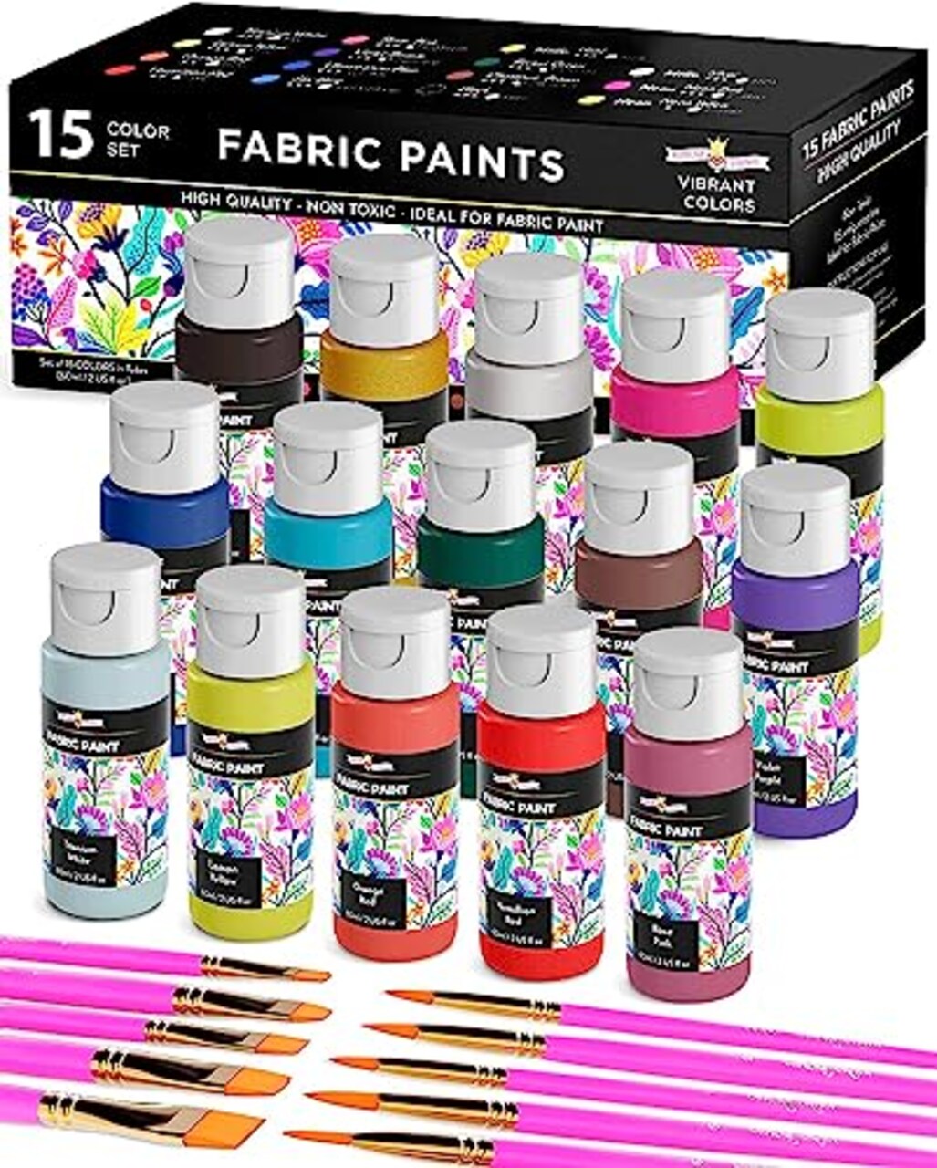 15 Colors Permanent Fabric Paint for Clothes, Fabric Paint for Canvas Textile Paint Cloth Paint Fabric Paint Set Fabric Paints Child Safe Paint for Fabric with 10 Brushes & Storage Box (60ml each)